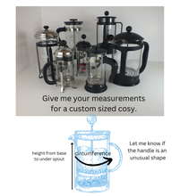 Load image into Gallery viewer, Cafetiere/French Press Wrap Around Cosy in Dog Breed Fabric. Standard or Bespoke Size coffee cosy.