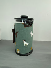 Load image into Gallery viewer, Cafetiere/French Press Wrap Around Cosy in Dog Breed Fabric. Standard or Bespoke Size coffee cosy.