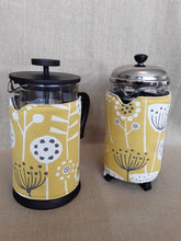 Load image into Gallery viewer, Cafetiere/French Press Coffee Pot Cosy in Scandi Mustard and Grey Fabric. .