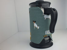 Load image into Gallery viewer, Cafetiere/French Press Wrap Around Cosy in Dog Breed Fabric. Standard or Bespoke Size coffee cosy.