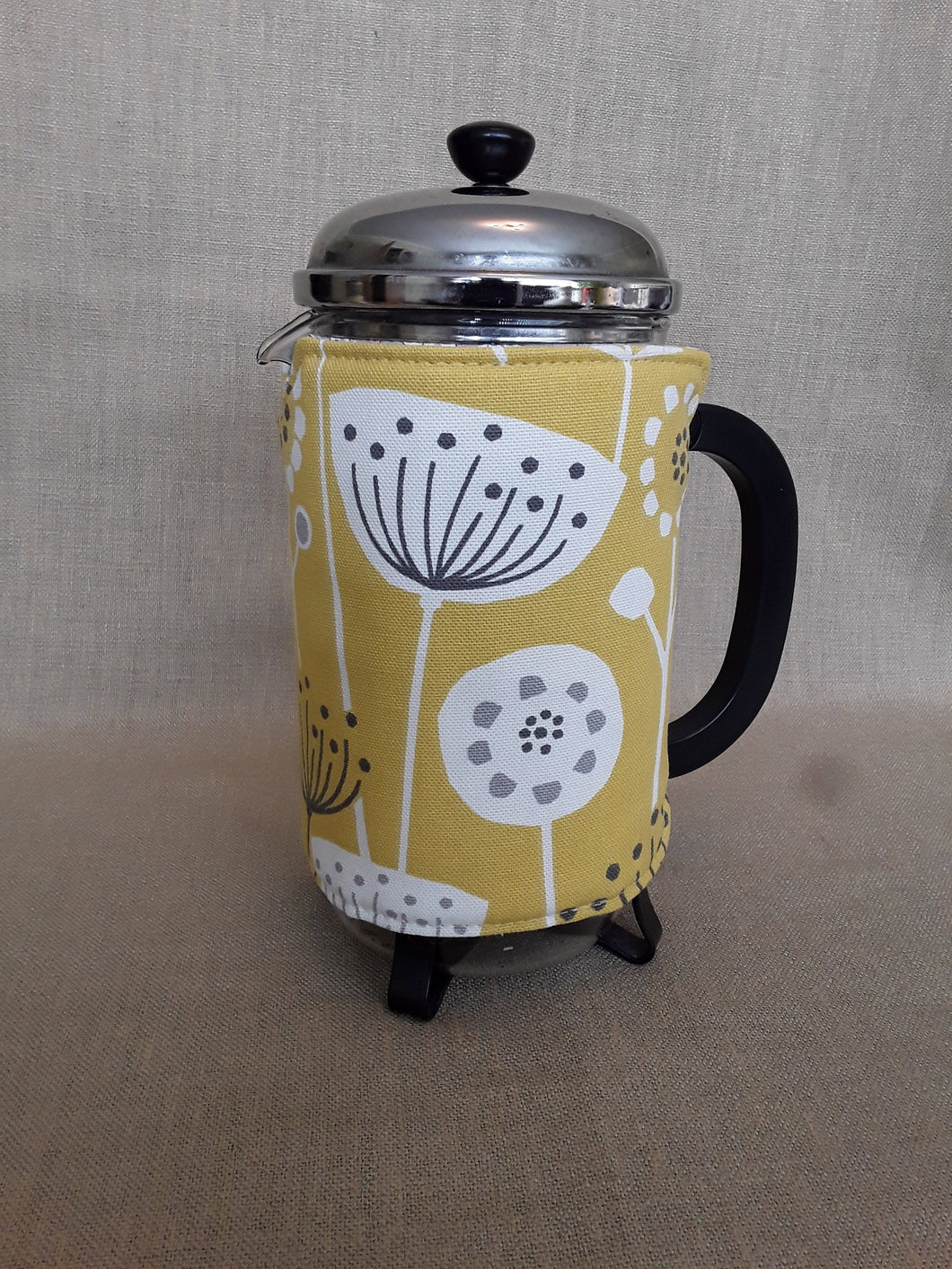 Cafetiere/French Press Coffee Pot Cosy in Scandi Mustard and Grey Fabric.  .