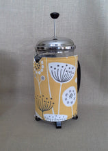Load image into Gallery viewer, Cafetiere/French Press Coffee Pot Cosy in Scandi Mustard and Grey Fabric.  .
